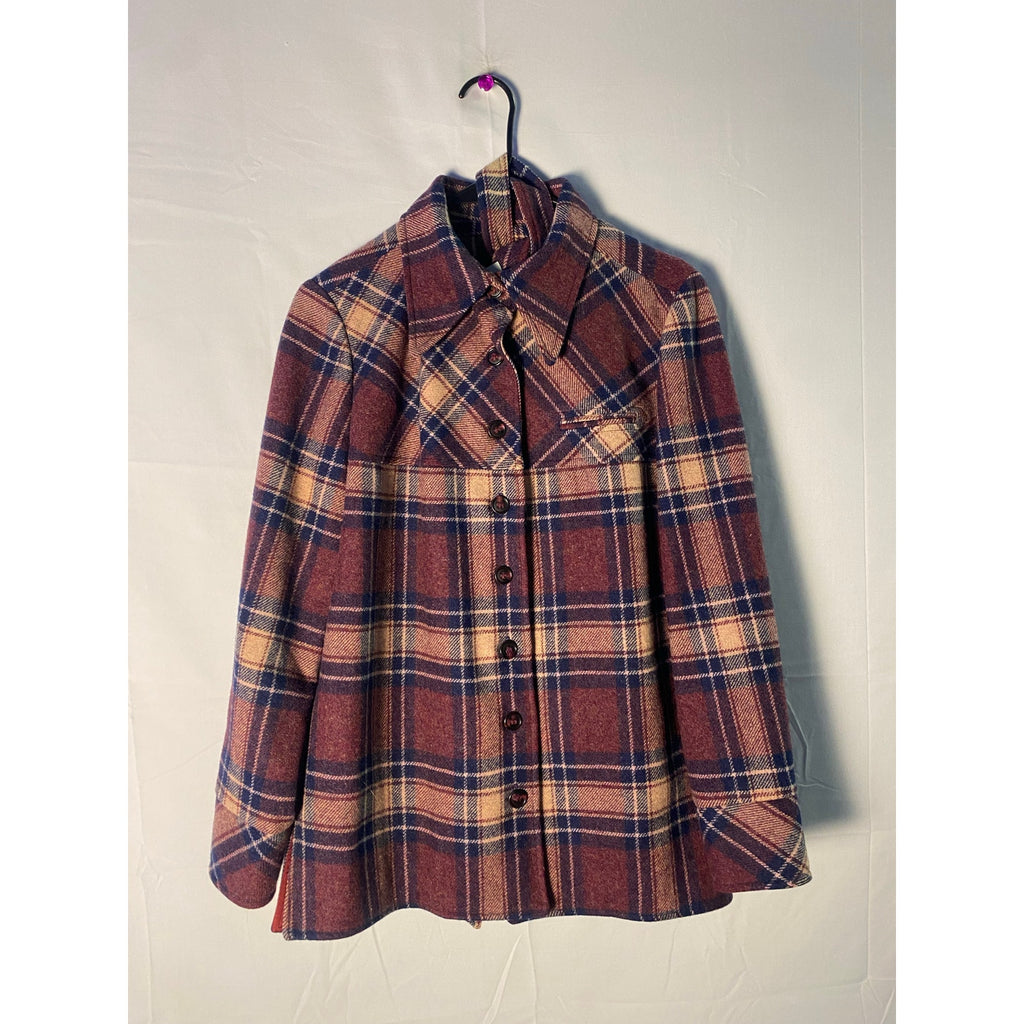 Vintage Burgundy Navy Cream Plaid Button Up Peacoat Jacket Women's Medium