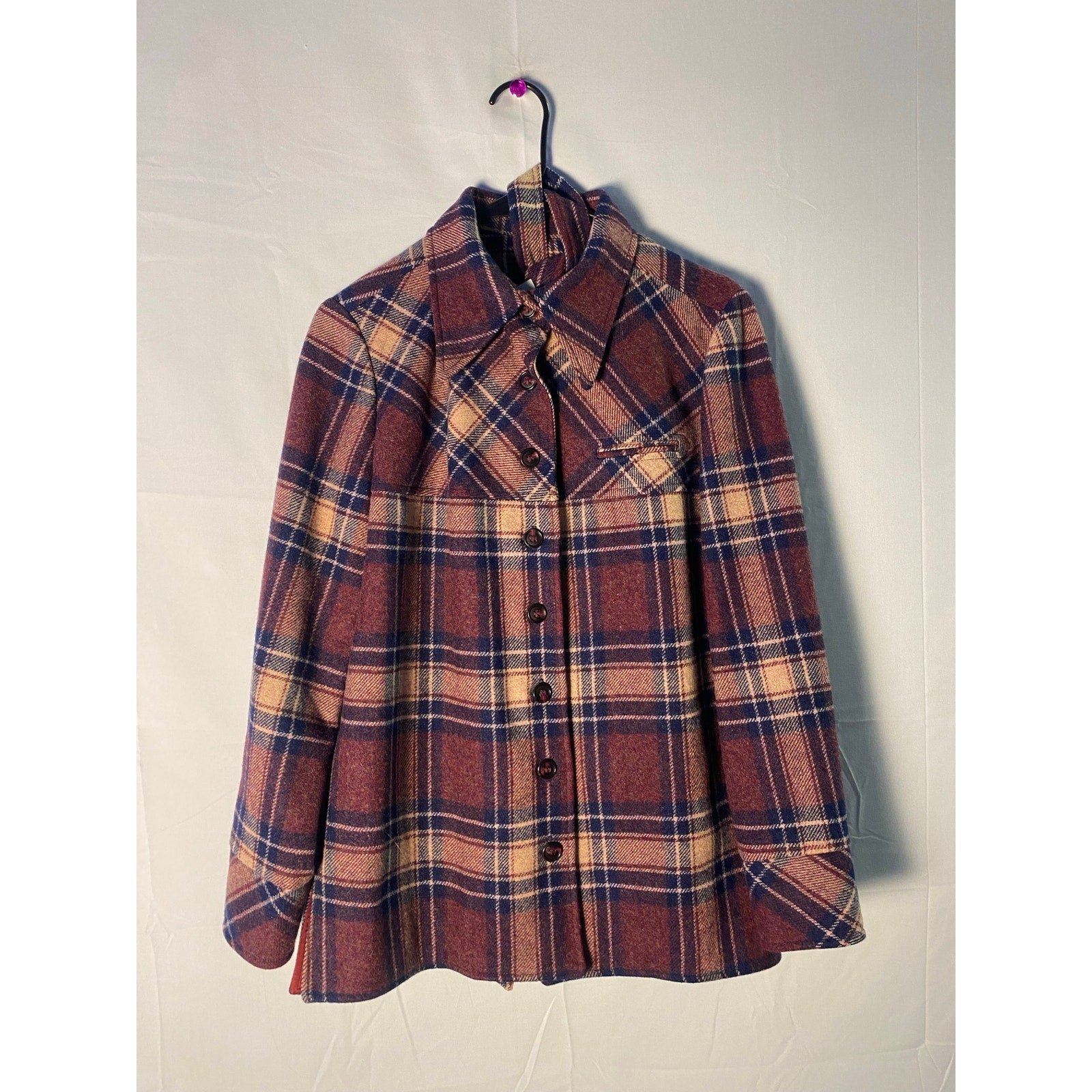 Vintage Burgundy Navy Cream Plaid Button Up Peacoat Jacket Women's Medium