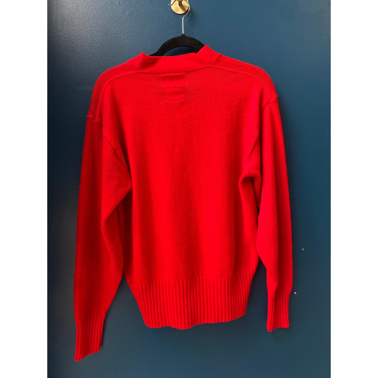 Vintage 60s Sand Knit V-neck Red Varsity Acrylic Knit Pullover Sweater Size L/XL