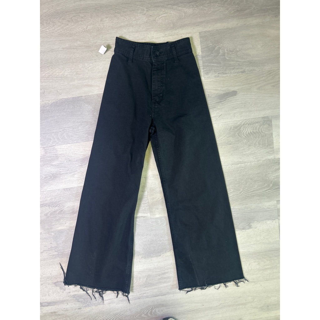 Zara Black Denim Wide Leg Jeans Cut Off Hem Dark Wash Pockets Women's Size 2