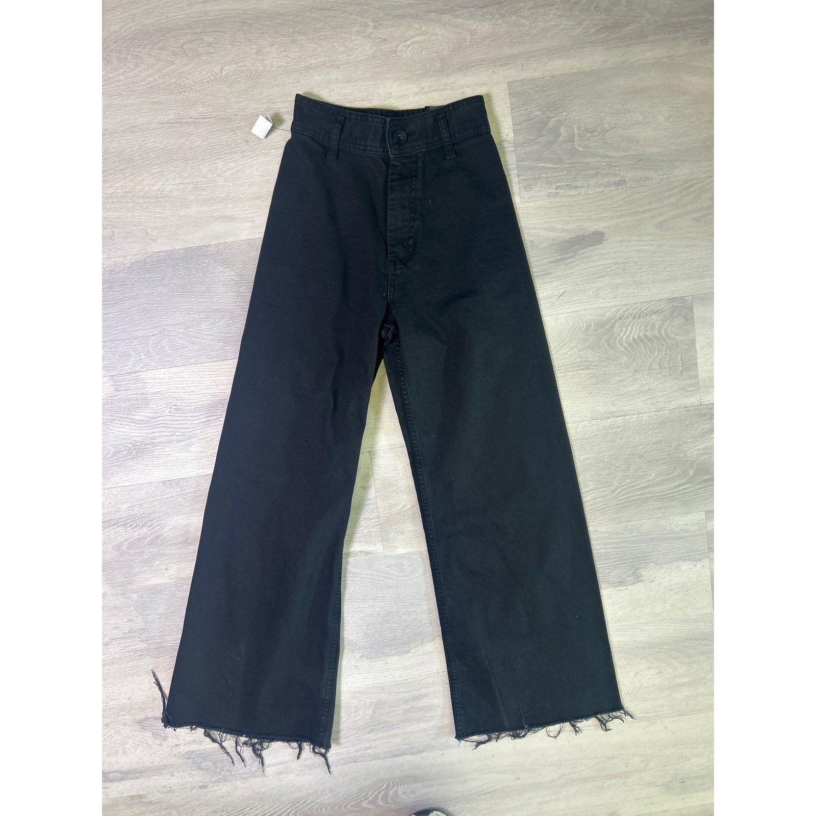 Zara Black Denim Wide Leg Jeans Cut Off Hem Dark Wash Pockets Women's Size 2