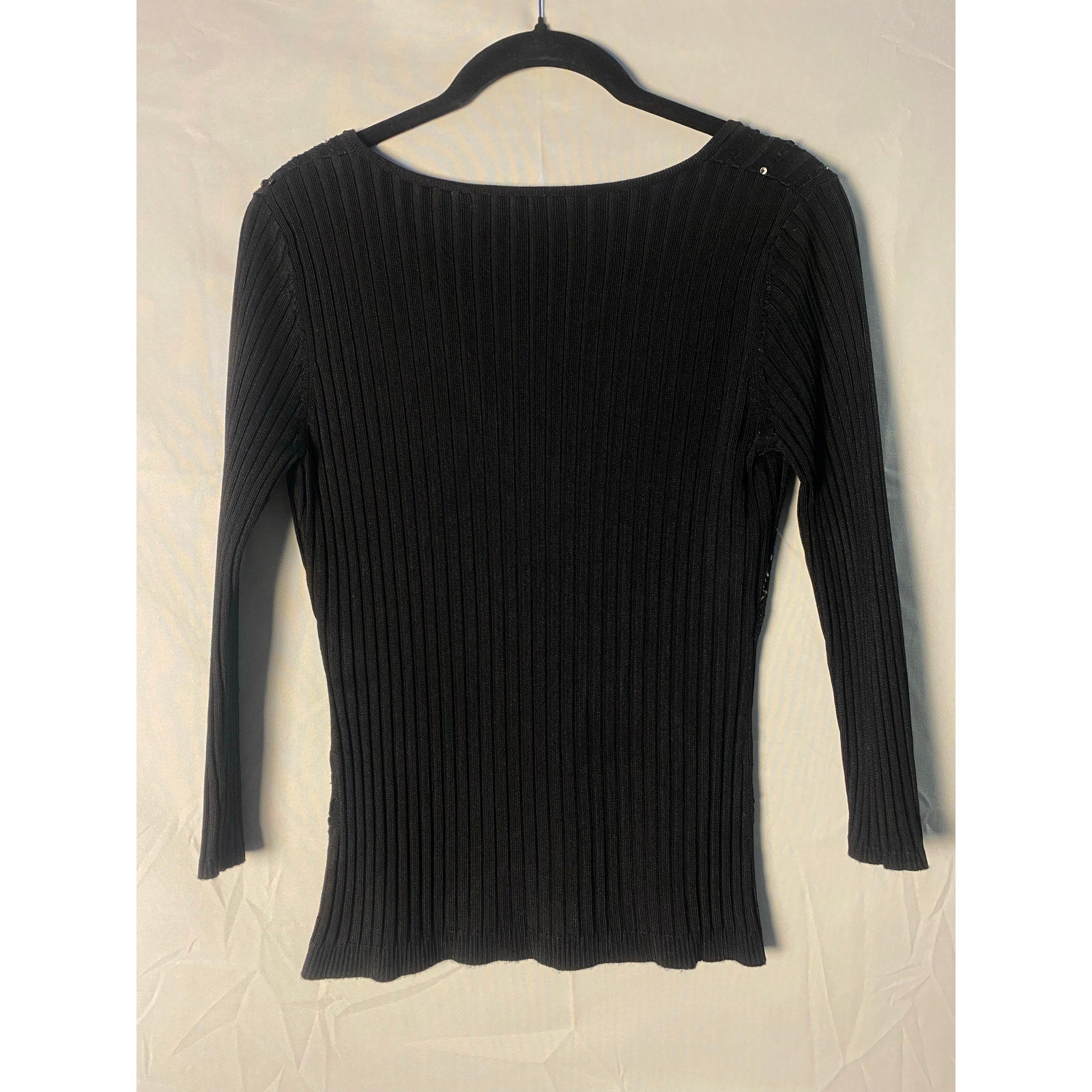 Yuka Paris Black Sequin Scoop Neck Collar Ribbed Long Sleeve Women's Size Large