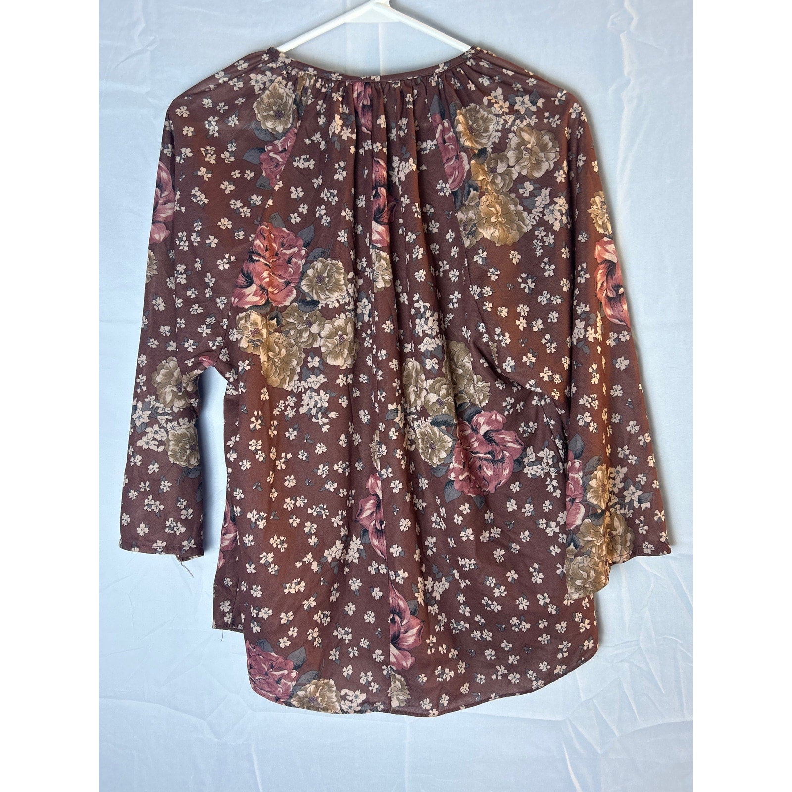 70s Vintage Brown Red Floral Long Sleeve Blouse Women's Size Medium