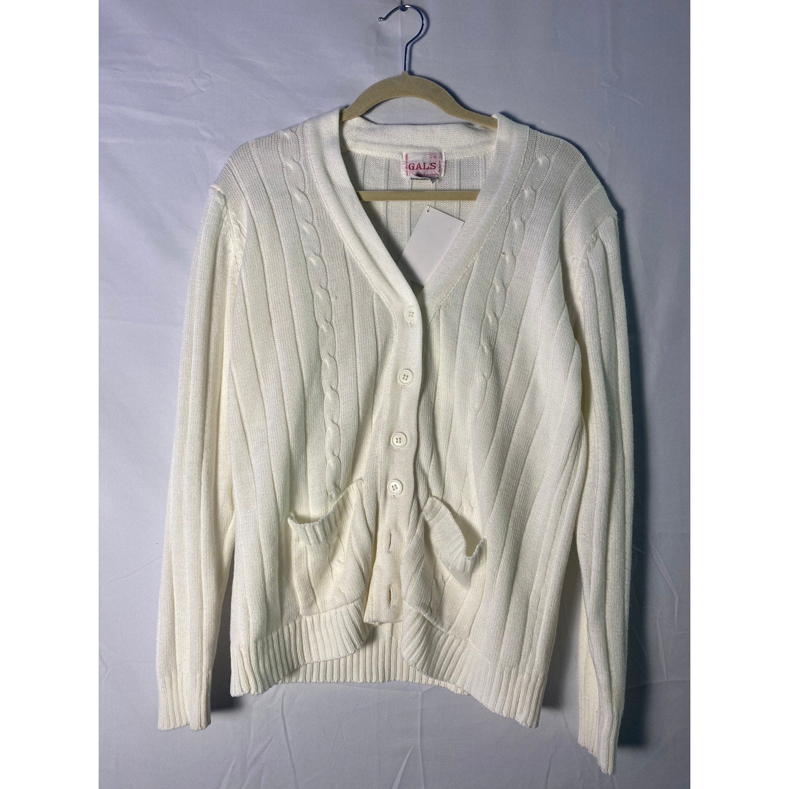 Vintage G.AL.S White Button Cardigan Sweater Ribbed Cable-Knit Womens Medium