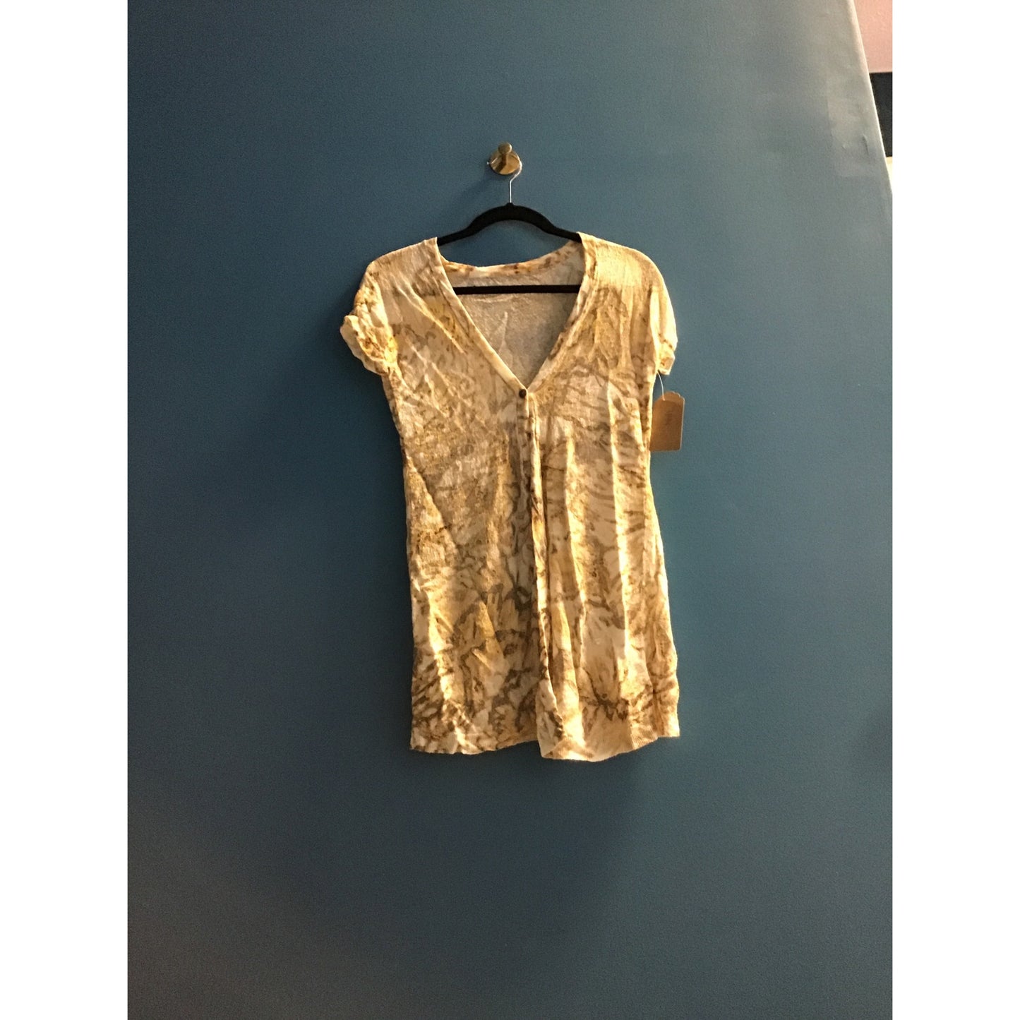 Beige Cream Gray Stripes Print Short Sleeve Cardigan Women's Size Small