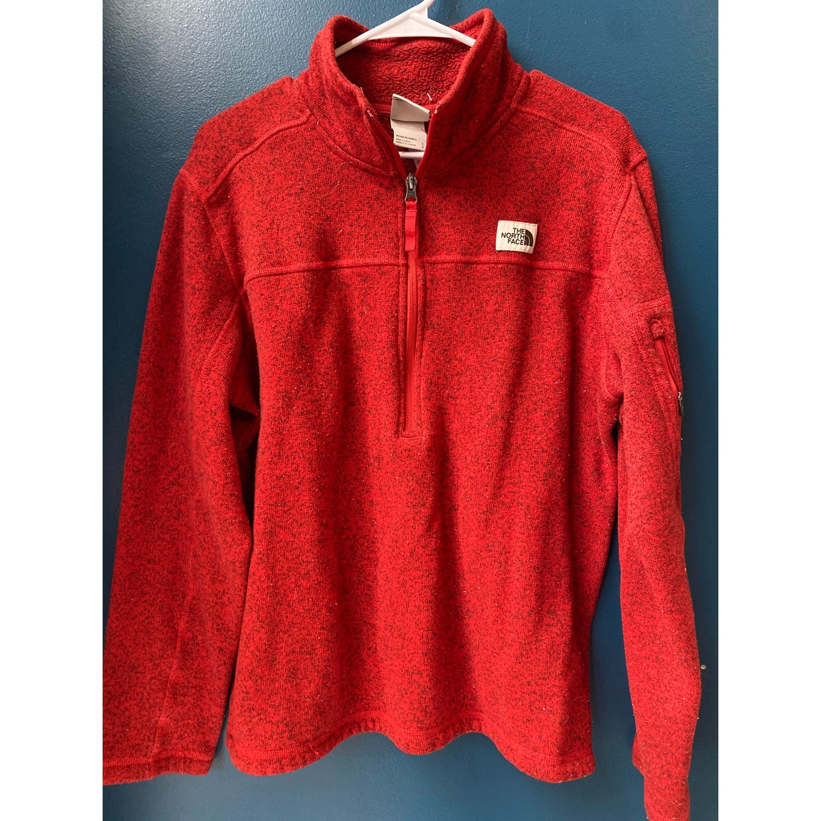 The North Face Red Textured 1/4 Zip Pullover Sweater Zip Pocket Mens Size Large