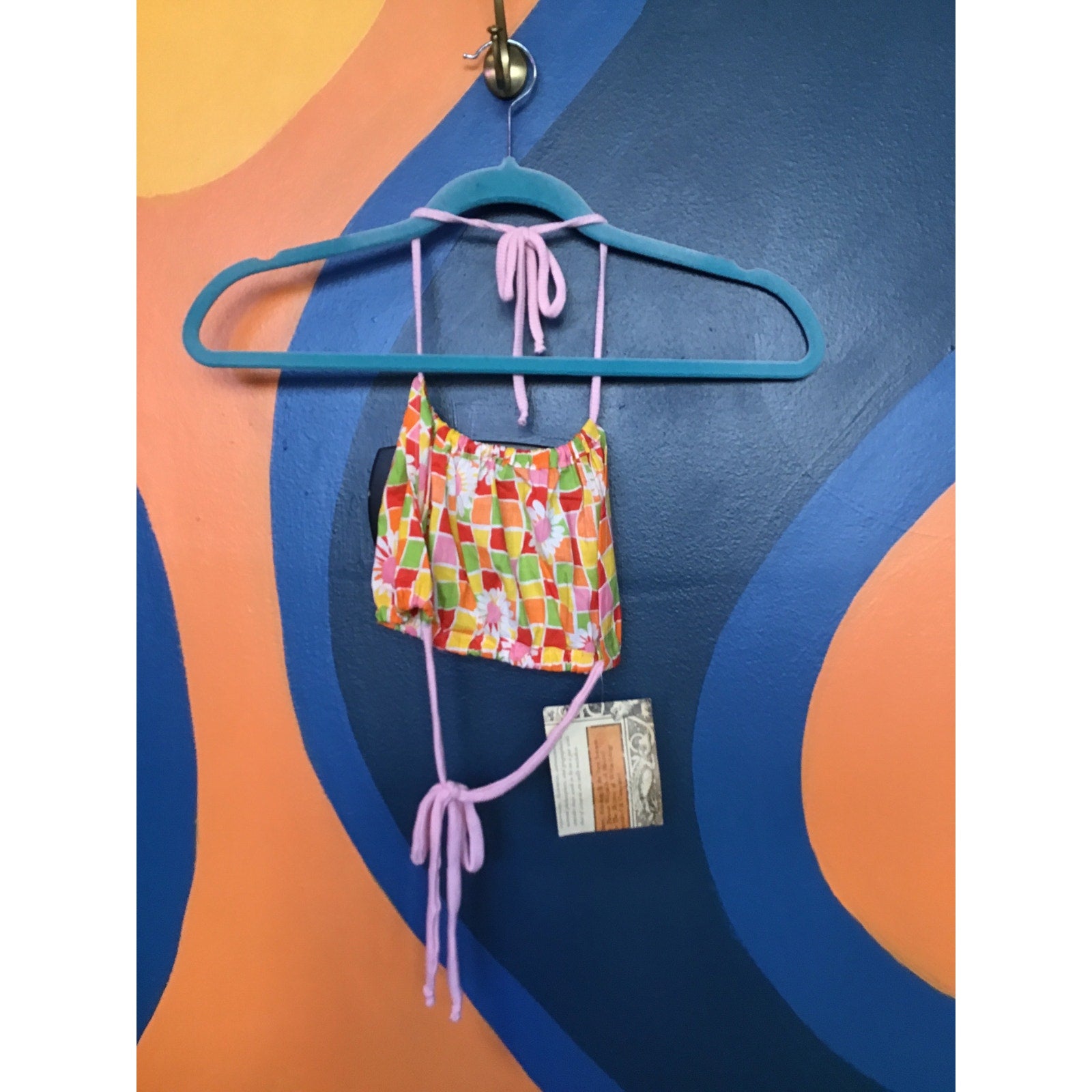 Hamade Halter Crop Top Vintage 60s Cotton Printed Groovy Floral Squares XS-M