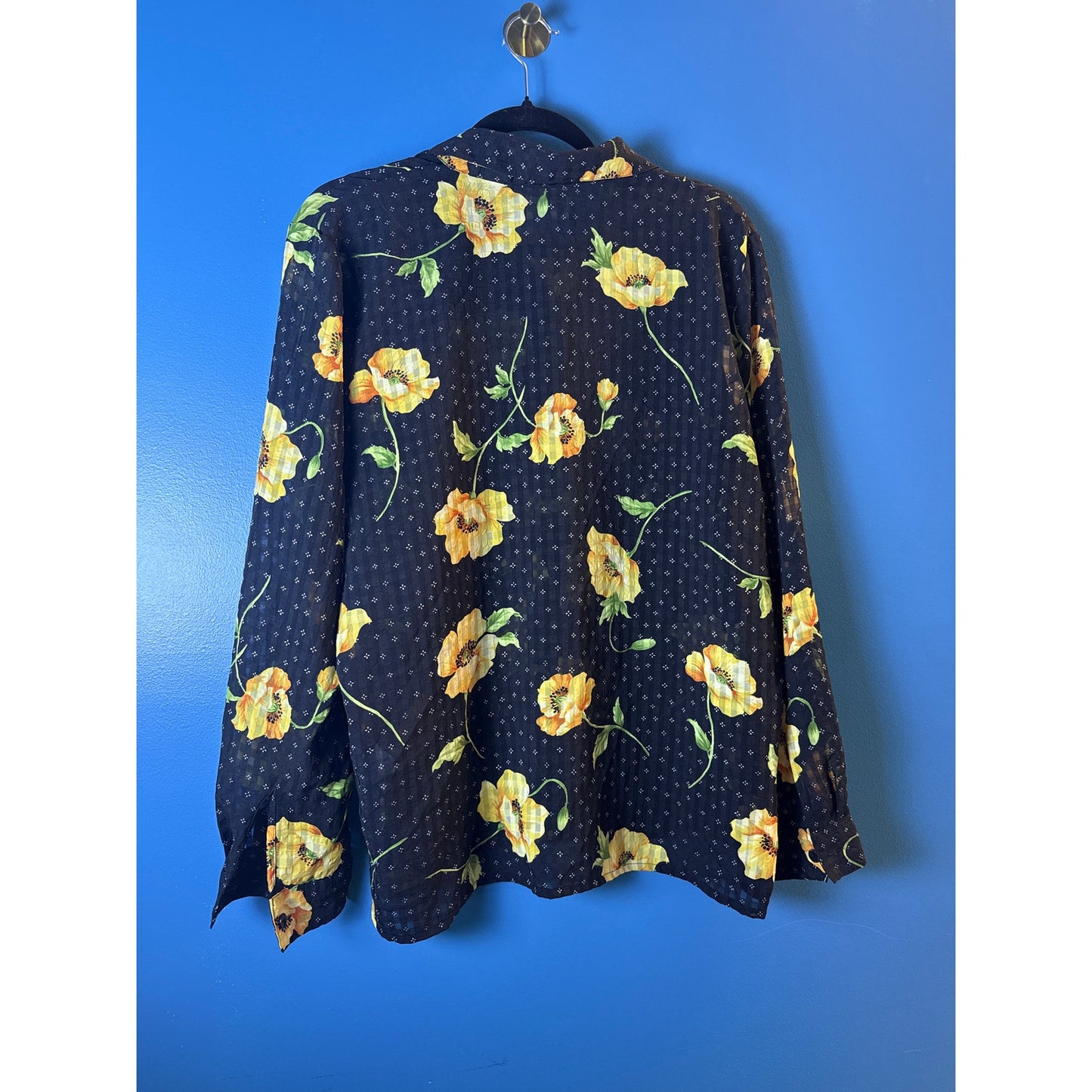 Alfred Dunner Black Yellow Floral Button Up Long Sleeve Shirt Women's Size 16