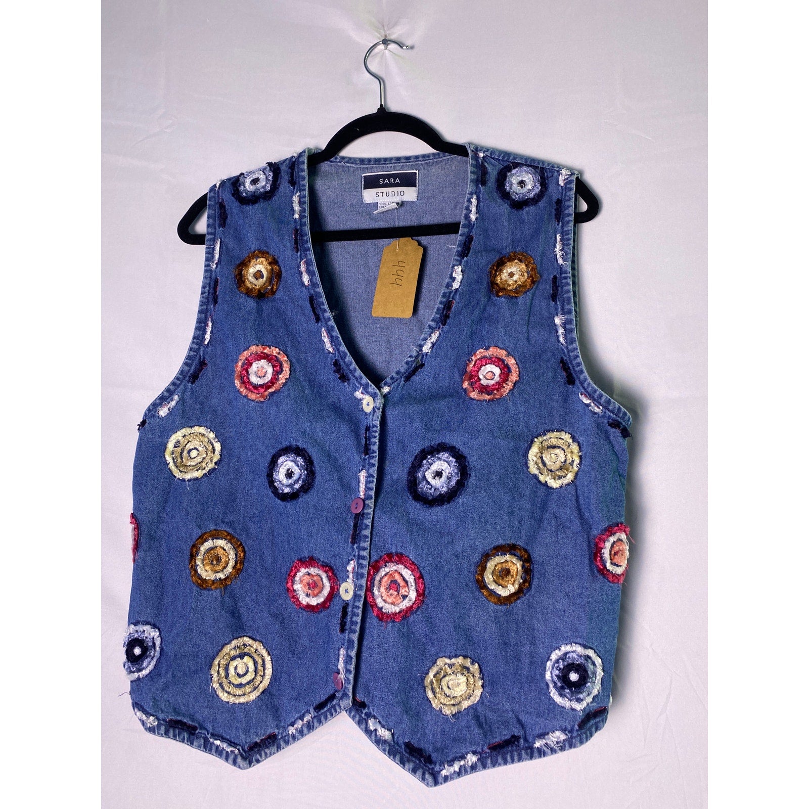 Vintage Sara Studio 100% Cotton Denim Circle Design Vest Jacket Women's Large
