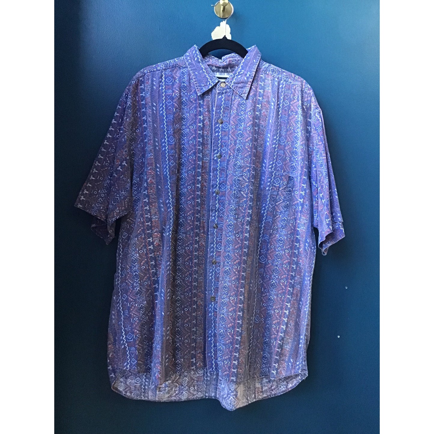 Weekends Blue Western Aztec Button Up Short Sleeve Shirt Men's Size Large