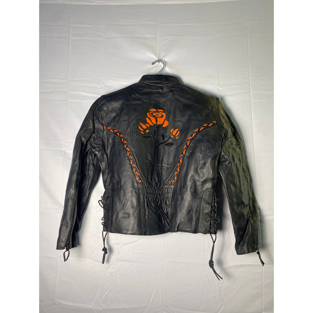 Motorcycle Jacket Black Leather Orange Trim Cutout Roses Full Zip Womens Medium