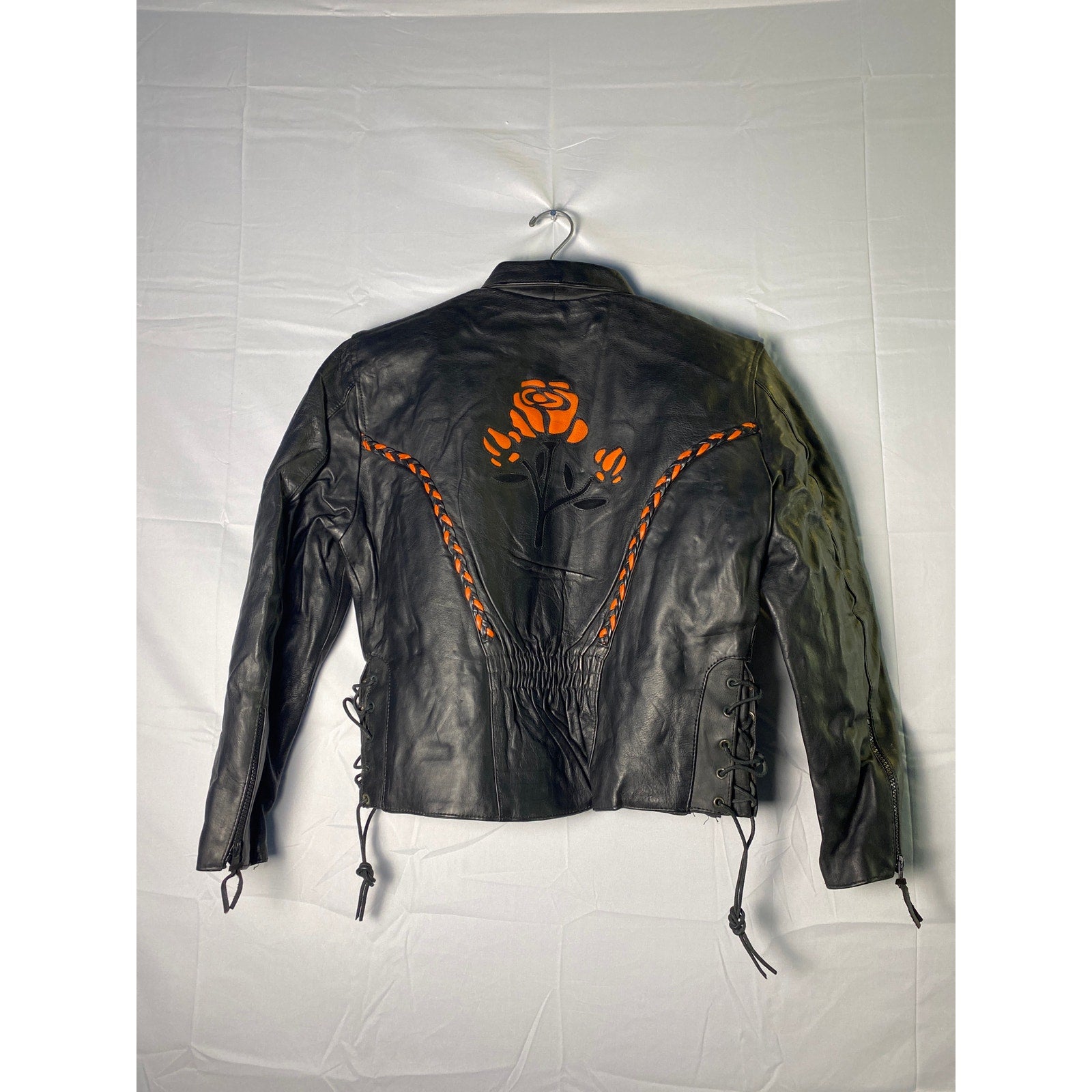Motorcycle Jacket Black Leather Orange Trim Cutout Roses Full Zip Womens Medium