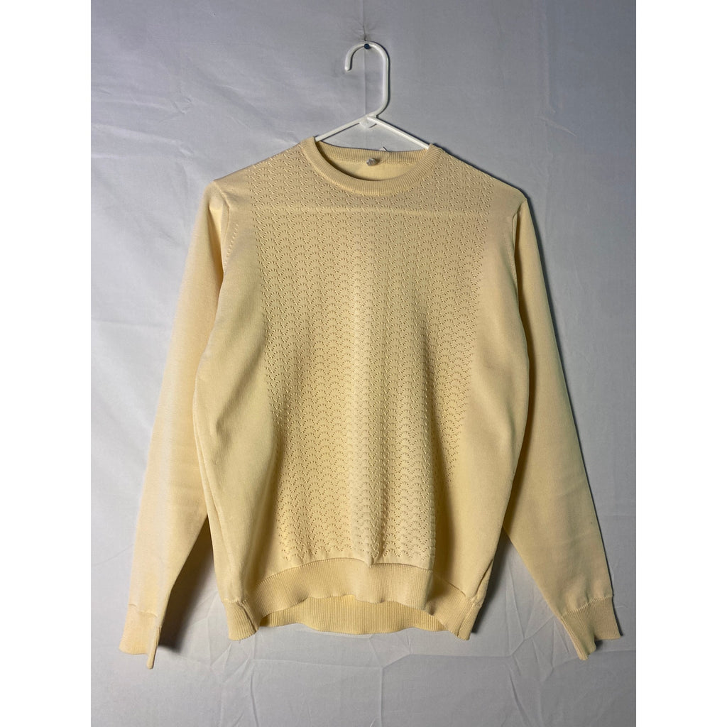 Vintage 70-80s Pointelle Cream Poly-Knit Sweater Crewneck Pullover Womens Medium