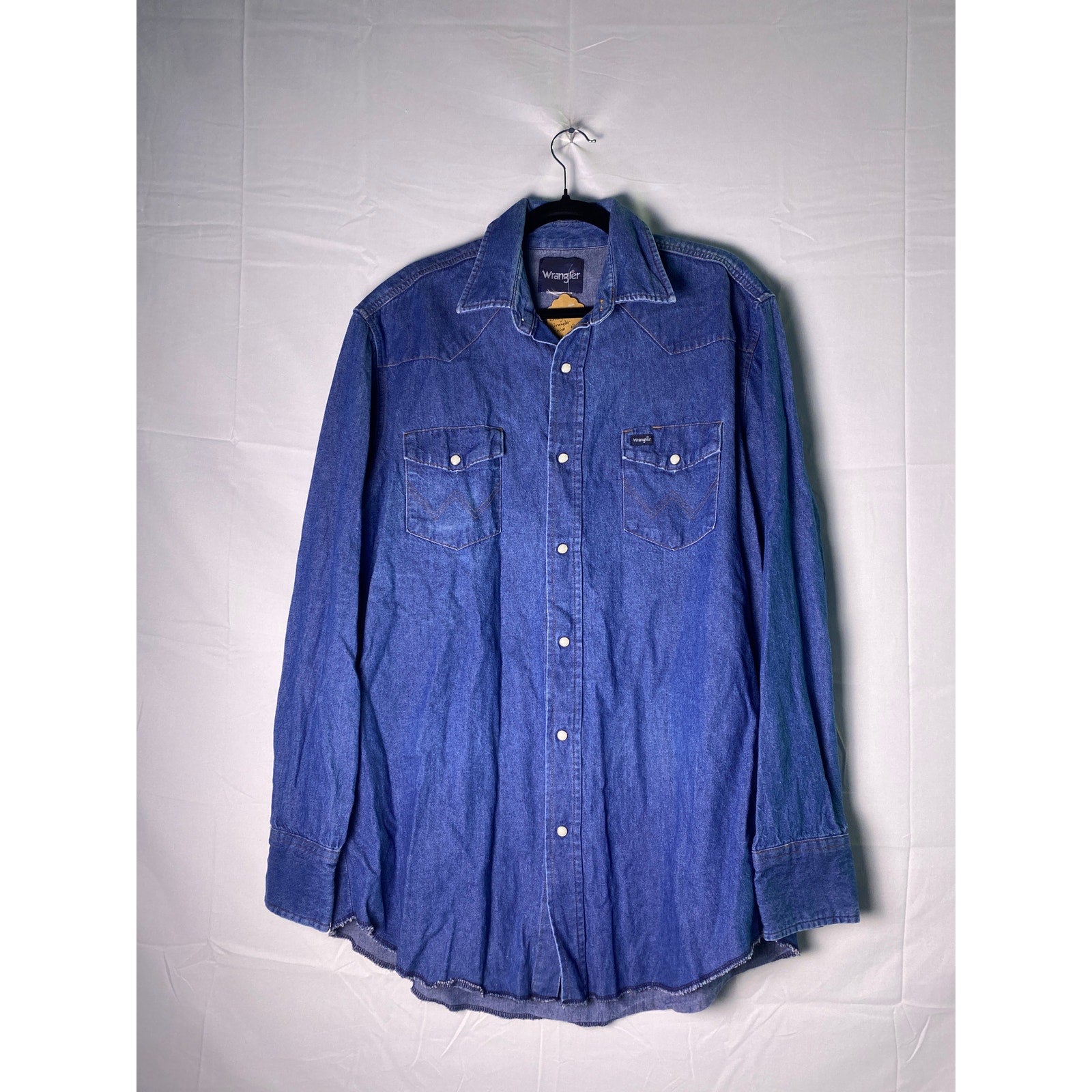 Vintage Wrangler Blue Denim Pearl Button Shap Brushpopper Shirt Men's Size 2XL