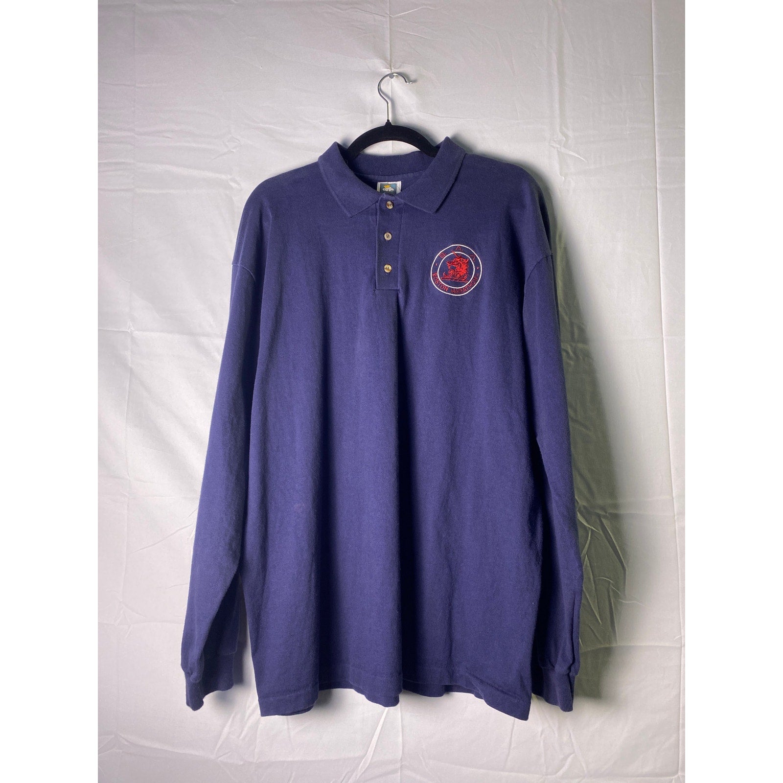 Anvil Navy Blue Long Sleeve Polo Shirt Boston Marathon Men's Size XL