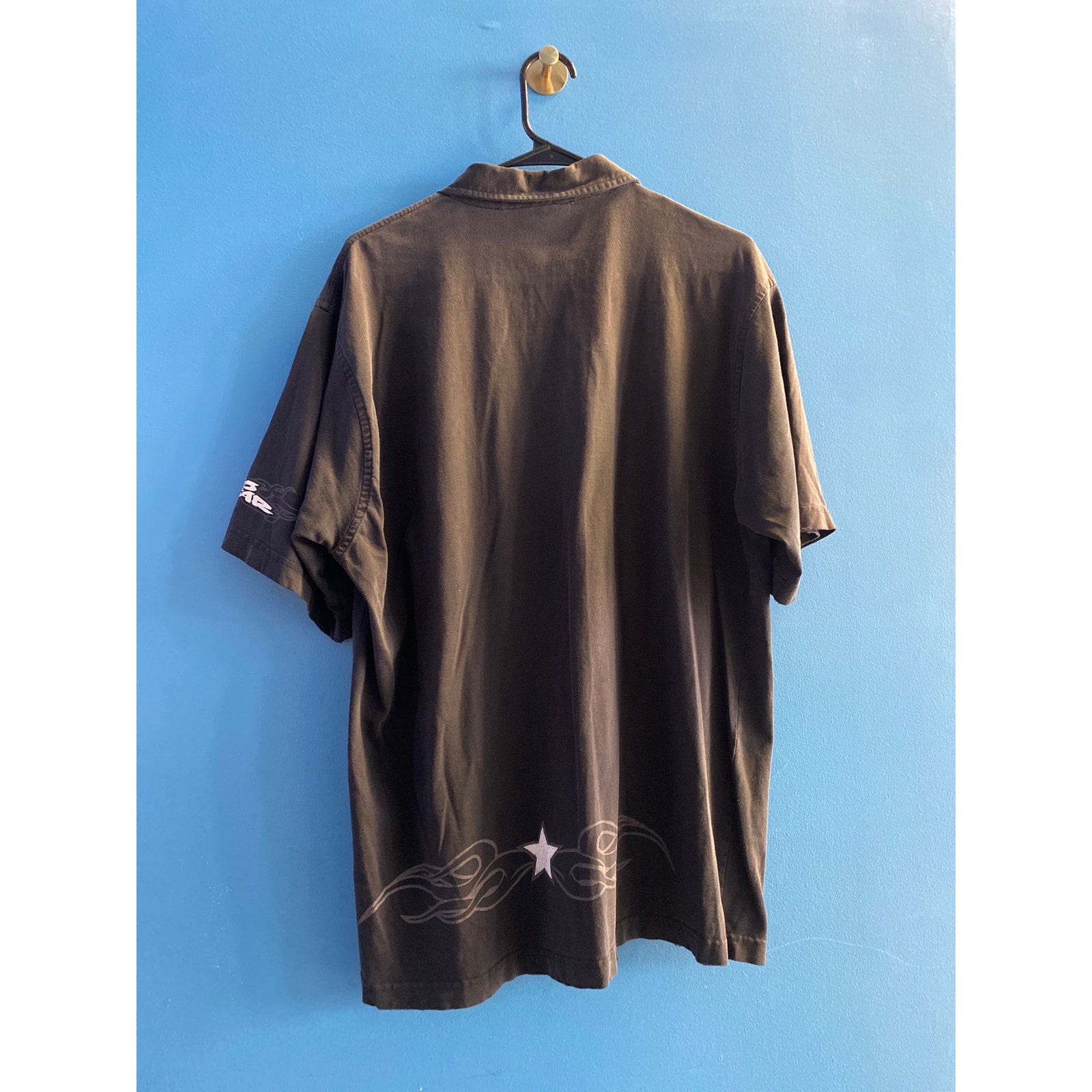 No Fear Black Polo Short Sleeve Shirt 1/4 Buttons Star Print Men's Size XL