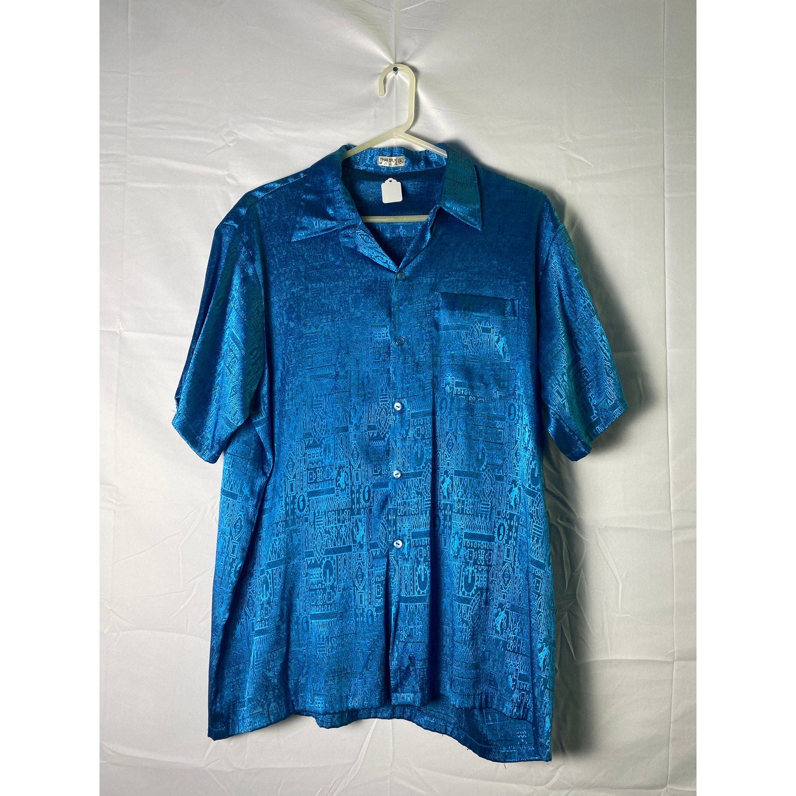Vintage THAI SILK Blue Button Up Short Sleeve Men's Size XL