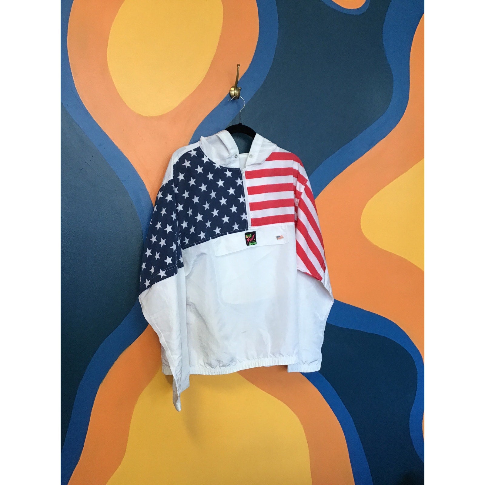Vintage Surf Style USA Flag Anorak Windbreaker Pullover Jacket Unisex One Size