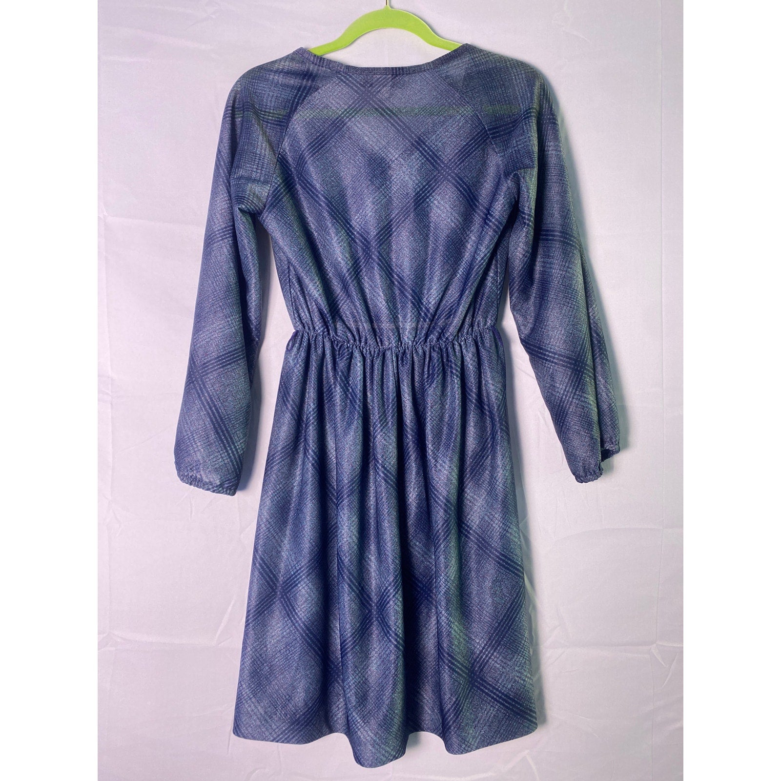 Vintage 70s Grissom Lane Teal Plaid Sheer Poly-Knit Dress Vneck Long Sleeve 9/10