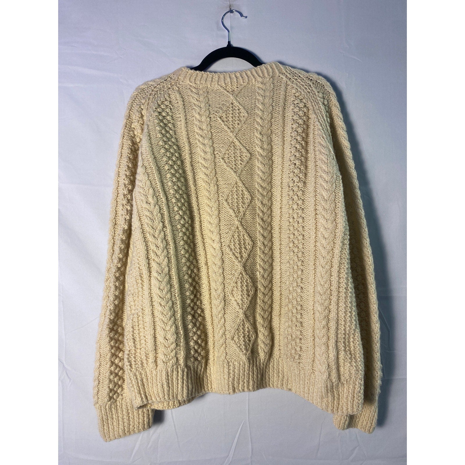 100% Wool Off White Cable Knit Sweater Crewneck Pullover Men's Size Large