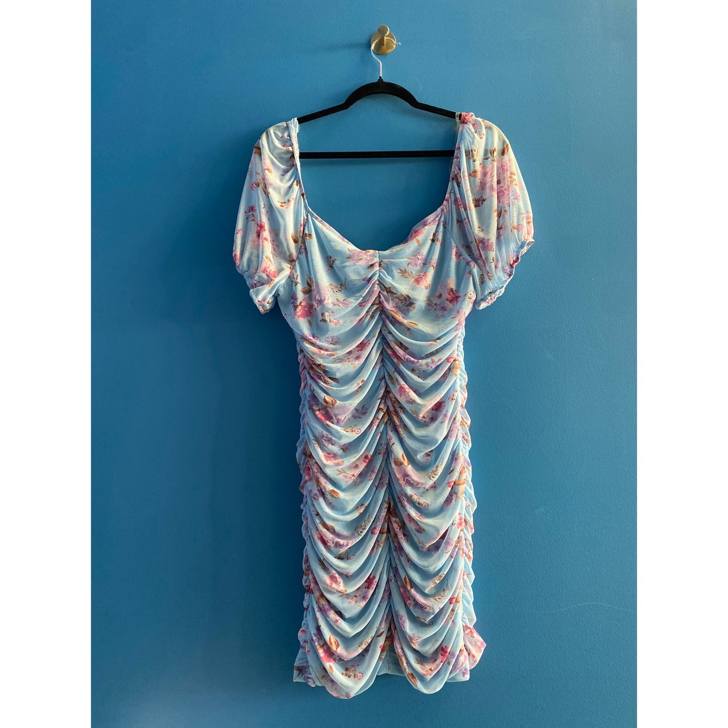 As U Wish Blue Floral Chiffon Off the Shoulder Ruched Dress Women's Plus Size 1X