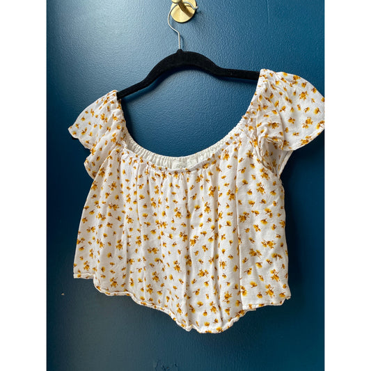 Forever 21 Cream w/ Yellow Floral Off Shoulder Crop Top Womens Size Small