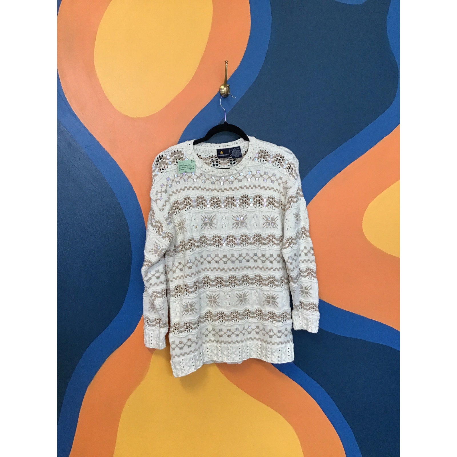Lizsport Retro Cream Tan Snowflake Open Knit Pullover Sweater w/ Sequins Medium