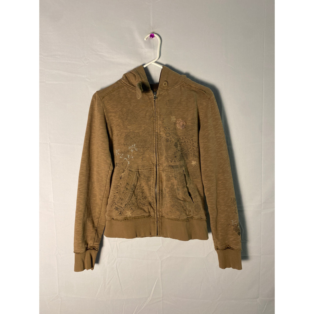 Vintage Element Brown Flower Hoodie Full Zip Sweatshirt Medium Grunge Biker