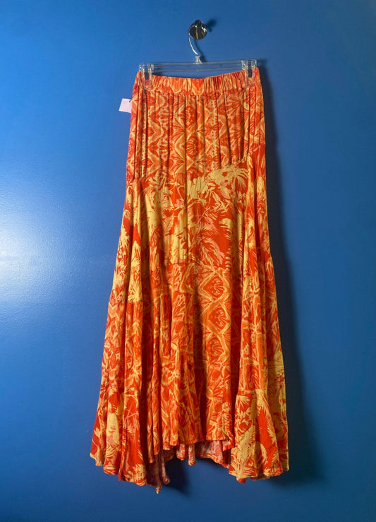 Free People Orange Beige Floral Tropical Pleated A-line Maxi Skirt Women's Small