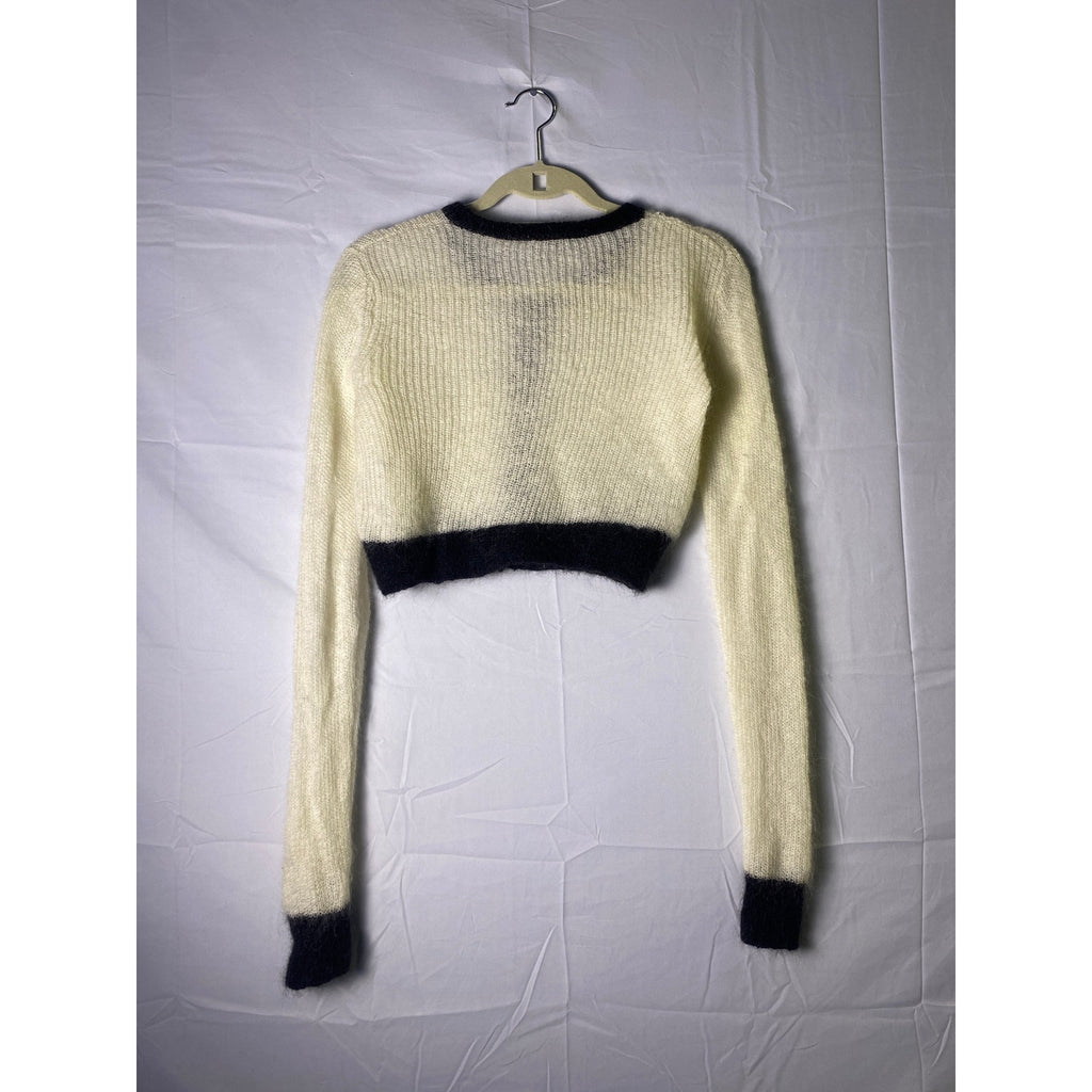 Cue Knit Cream Black Mohair Wool Nylon Blend Cropped Cardigan Sweater Medium