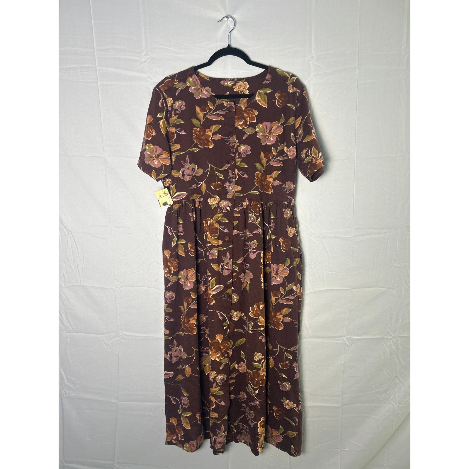 Vintage 1990s Capacity Knits Brown Floral Button Front Dress Women's Medium