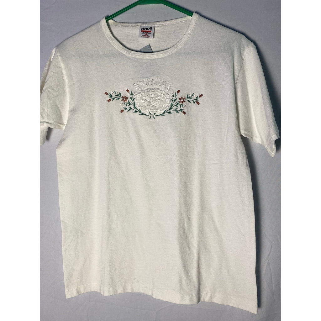 Anvil Embroidered Wyoming Floral White Shirt Round Neck Women's Size Medium