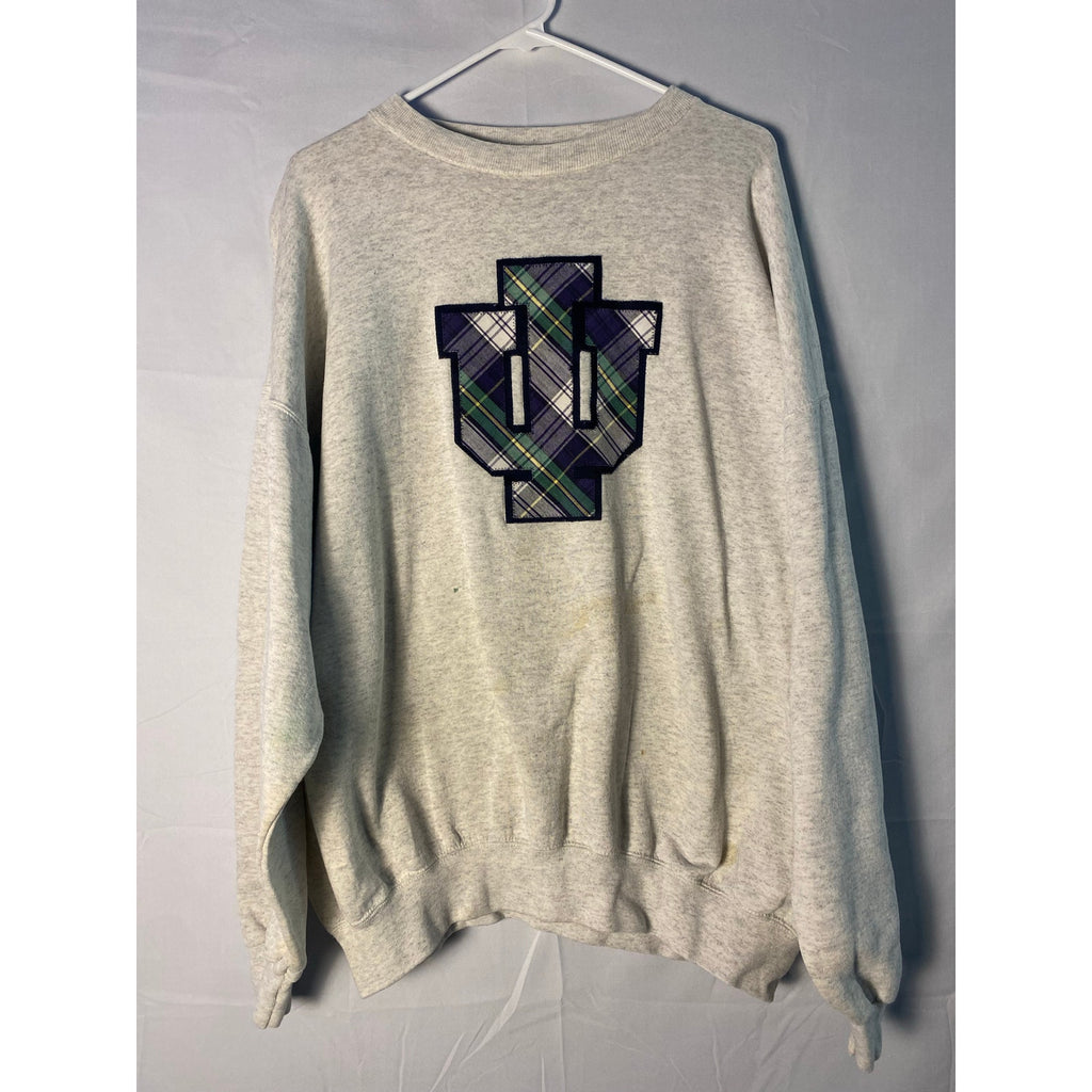 Vintage IU Indiana University Plaid Embroidered IU Logo Grey Crewneck Sweater XL