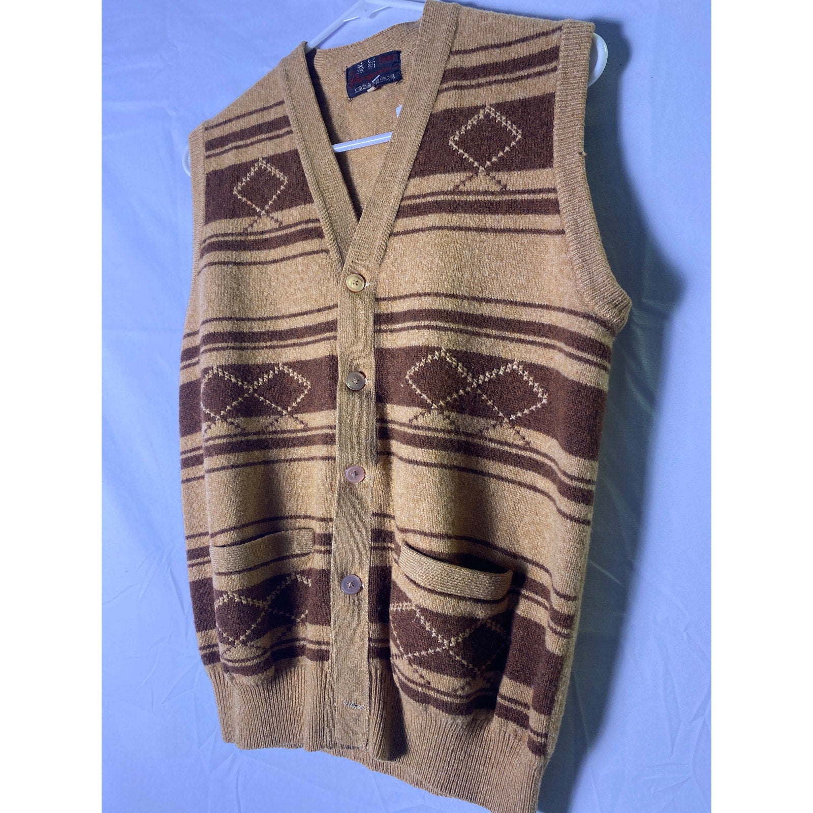 Zhěngxīn Brown Knit Vest Button Cardigan Sweater Pockets Men's Size Small