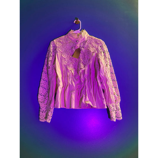 Floral Cream Lace Button Up Blouse Long Sleeve Women's Size Large