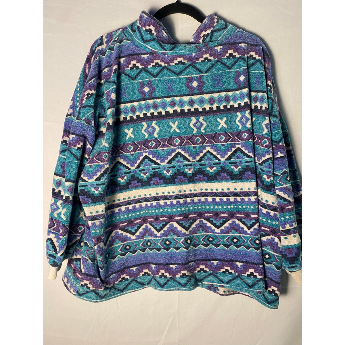 Cozy Patterned Fleece Blue Purple Allover Print Pullover Hoodie Women's Large