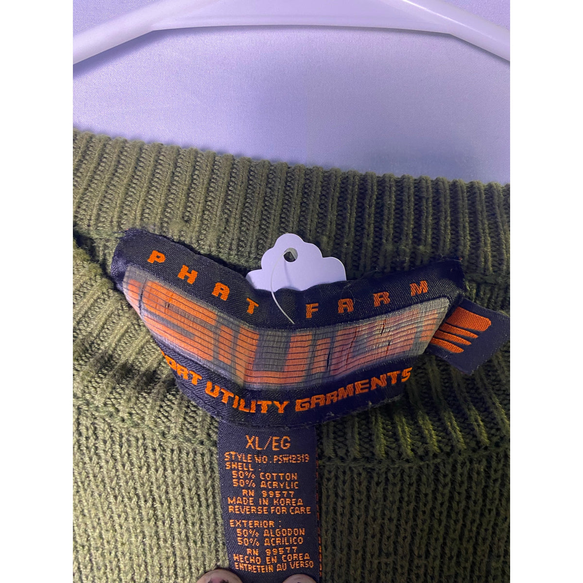 Vintage Phat Farm (SUG) Ribbed Knit Pullover Sweater Green Camouflage Arm Patch Size XL