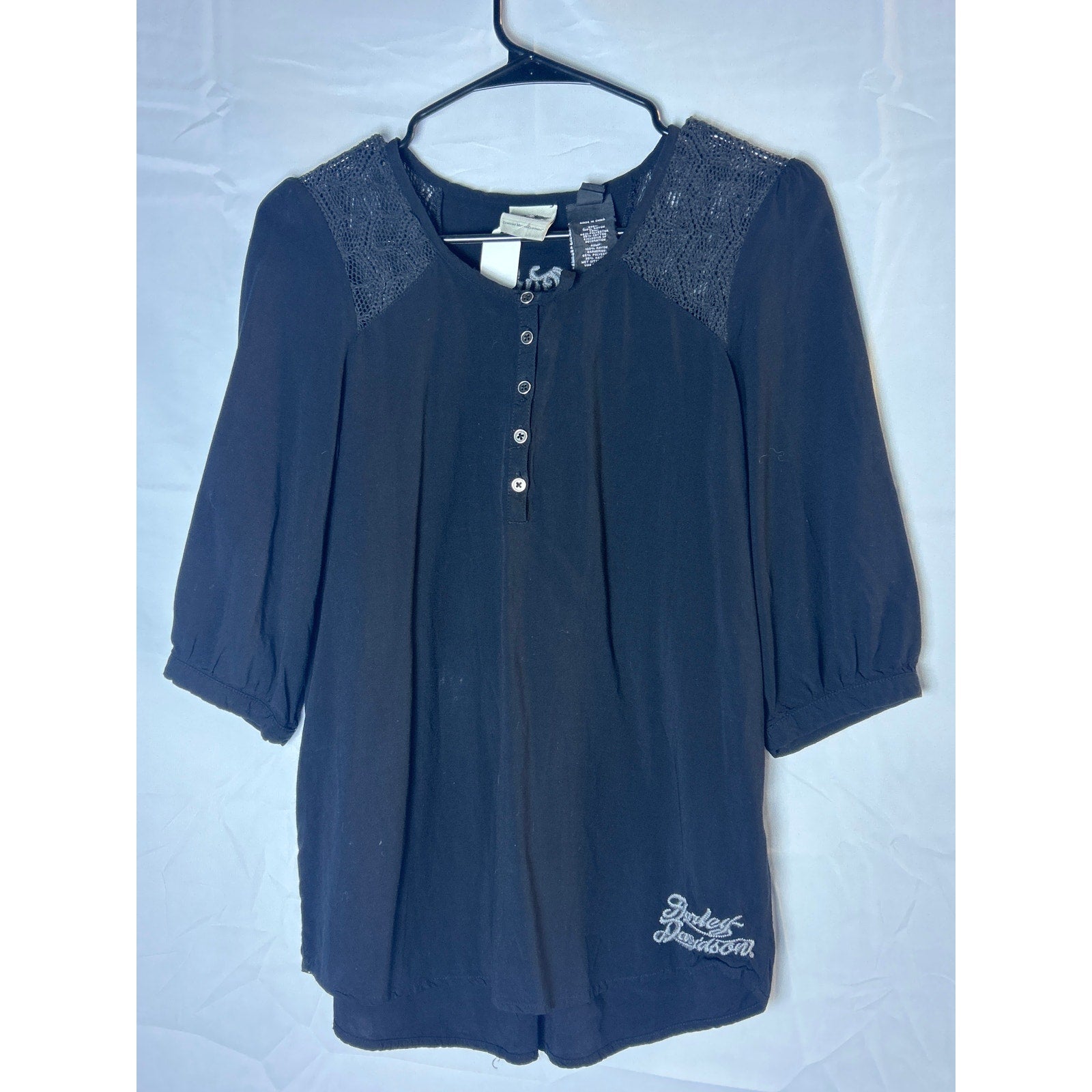 Harley Davidson 3/4 Puff Sleeve Shirt Quarter Buttons Black Gray Women's Small