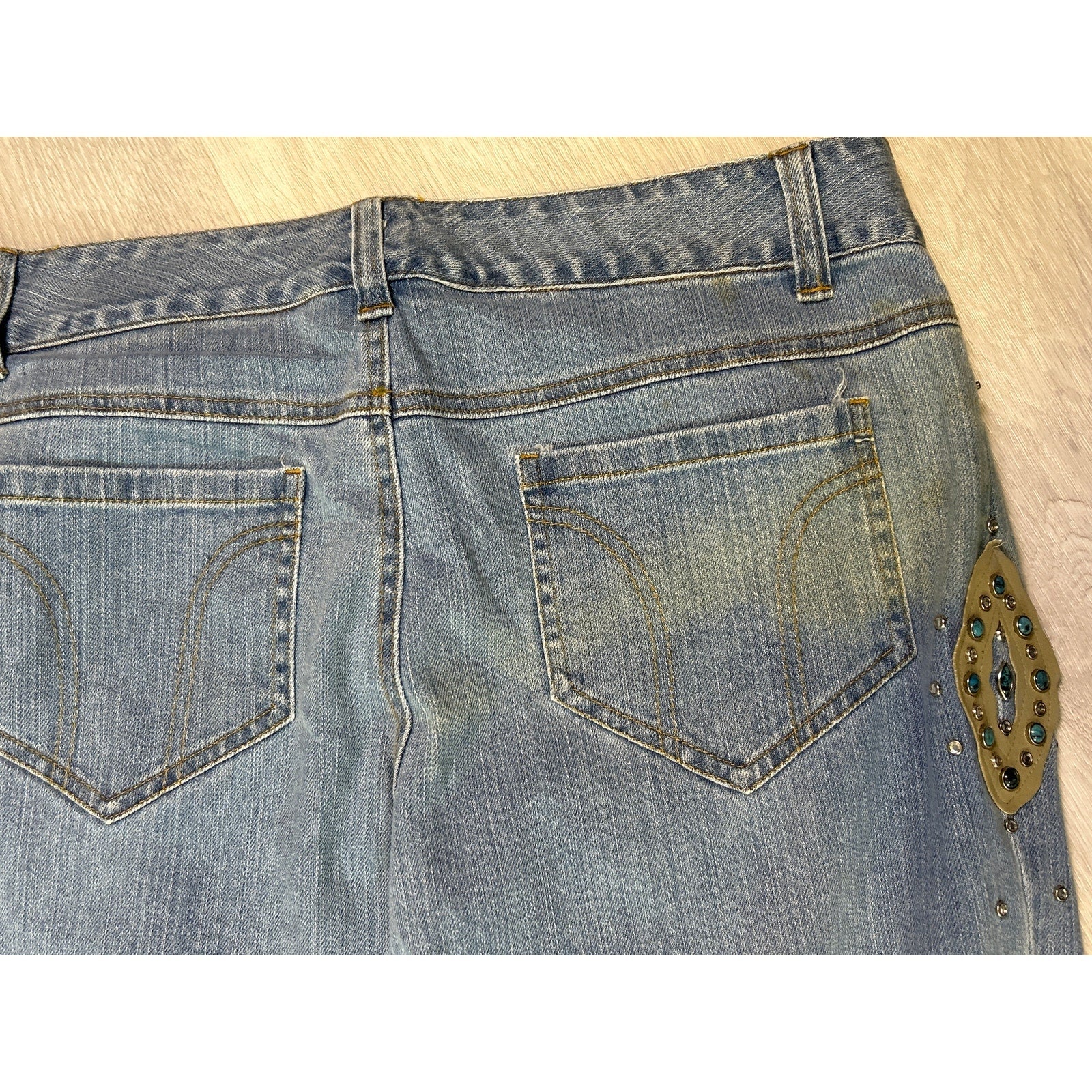 Y2K Suzanne Somers Embellished Bootcut Blue Denim Light Wash Jeans Size 12AS IS