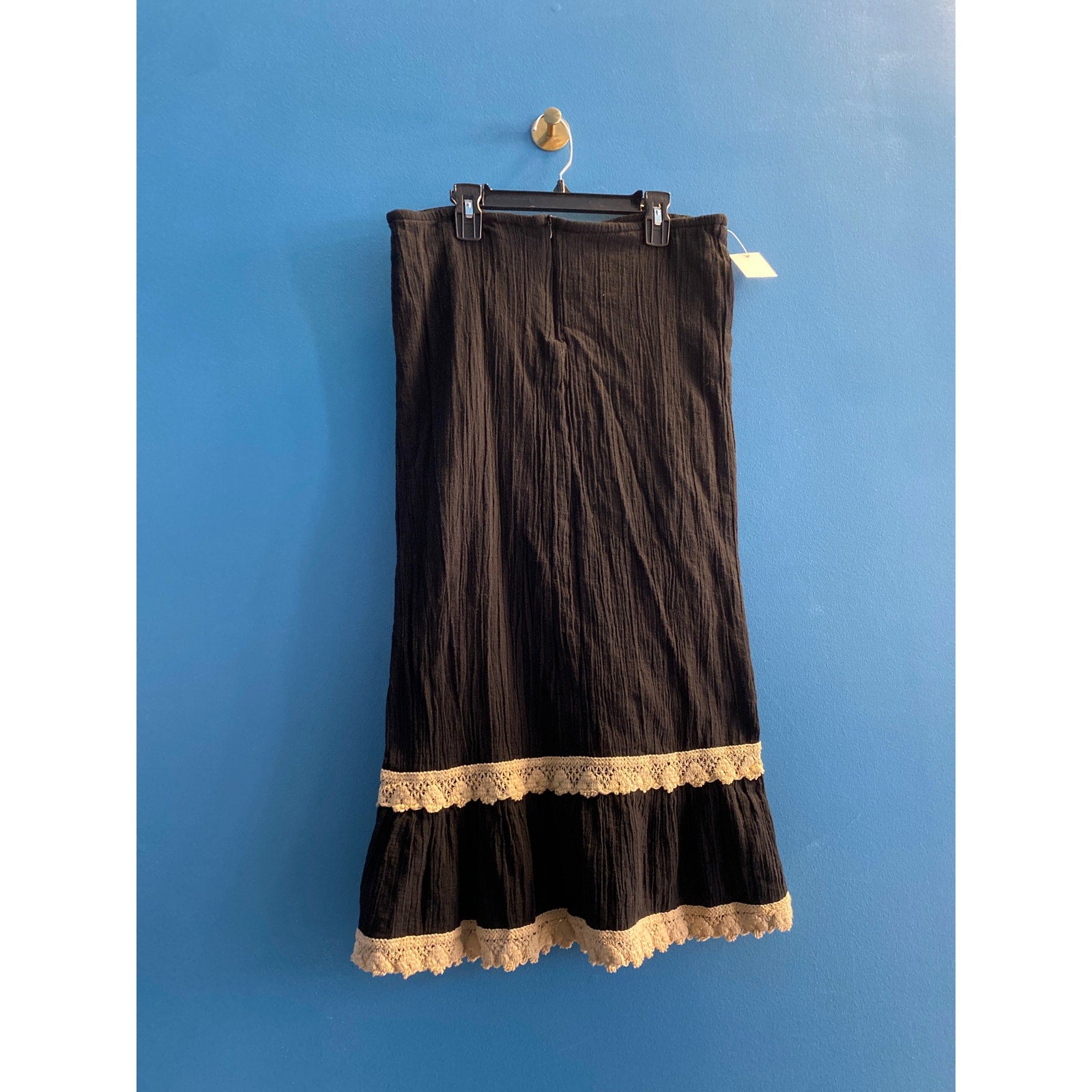 Y2K Wet Seal Black Crinkle Cotton Midi Skirt Floral Lace Crochet Trim Womens S