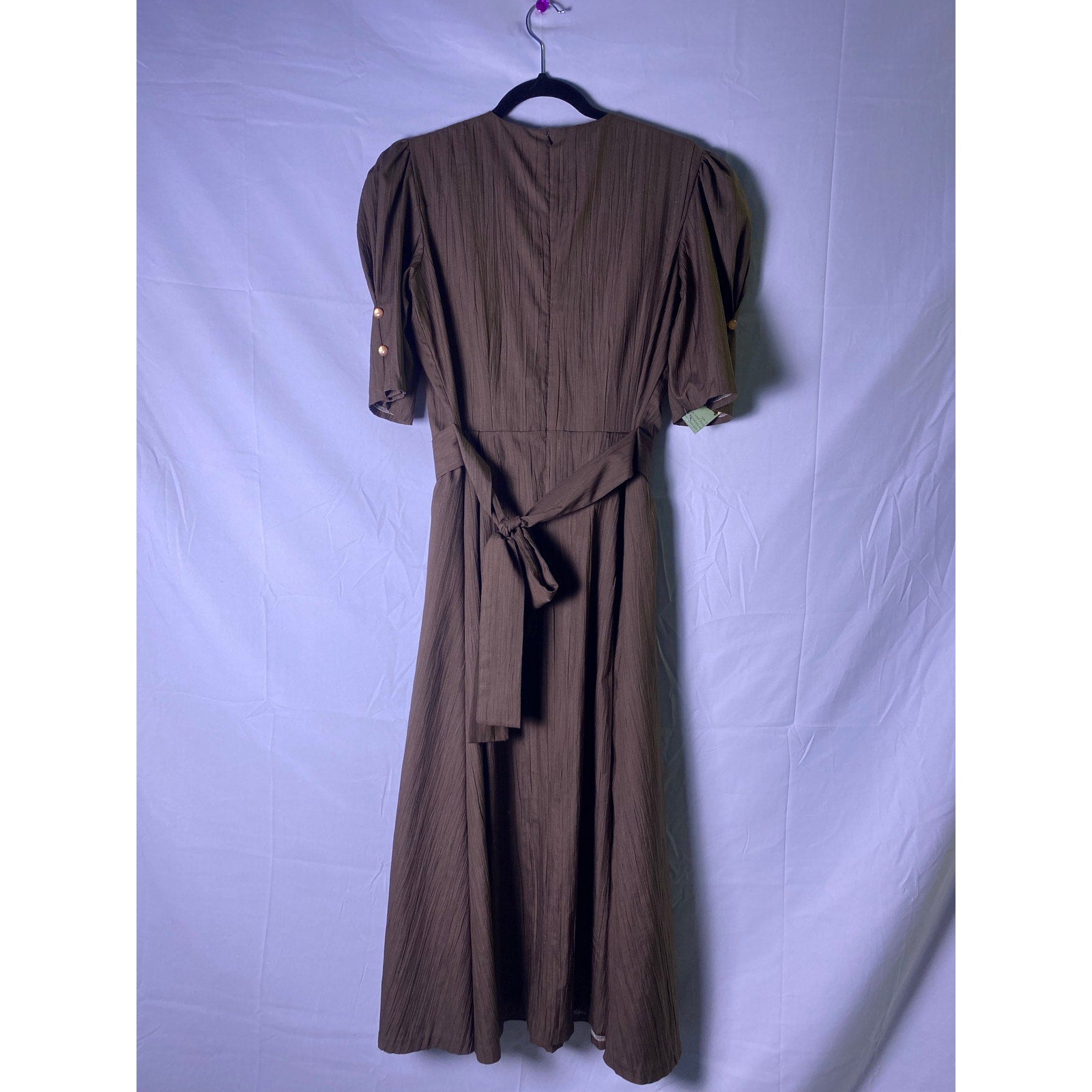 Vintage 70s-80s Handmade Brown Textured Belted Waist Maxi Dress Women's Large