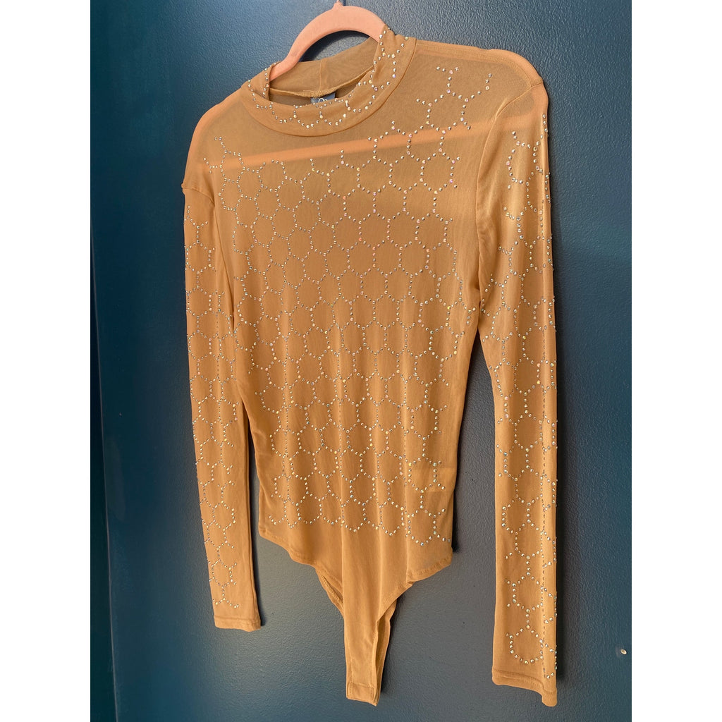 Long Sleeve Crewneck Nude Mesh Rhinestone Bodysuit Women's Size Small