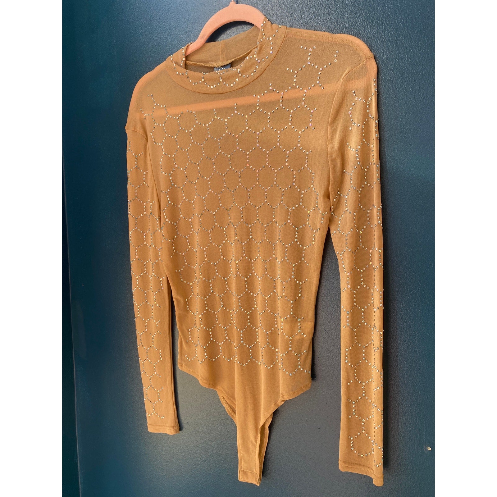 Long Sleeve Crewneck Nude Mesh Rhinestone Bodysuit Women's Size Small