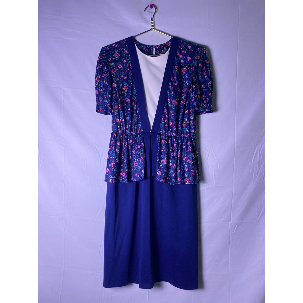 Vintage 80’s Jenny Navy Floral Short Puff Sleeve Peplum Midi Dress Women's 16W