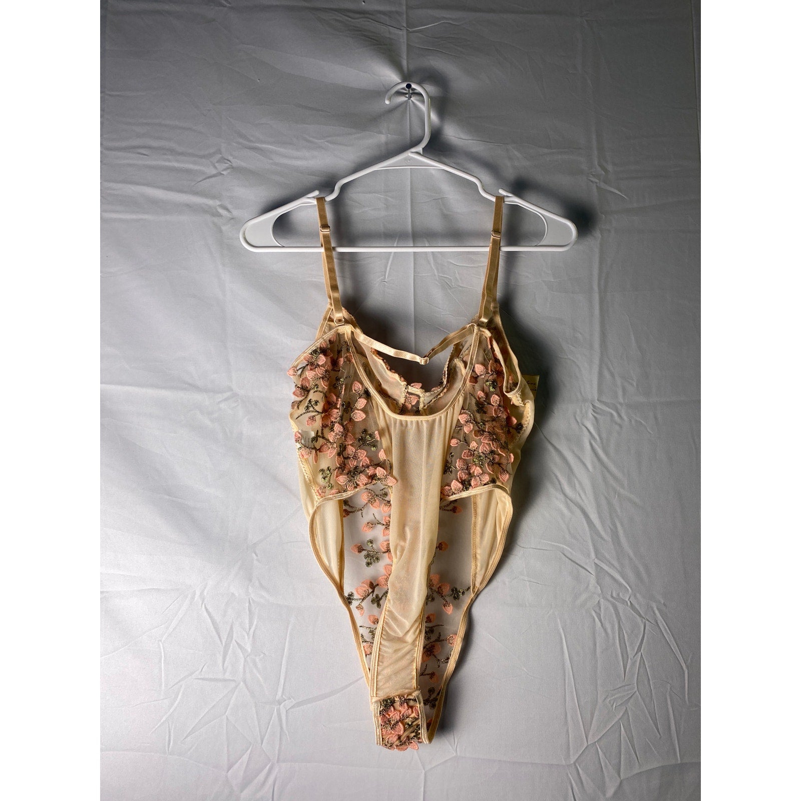 Pink Mesh Floral Appliqué w/ Metallic Embroidery Lingerie Bodysuit Teddy Size XL