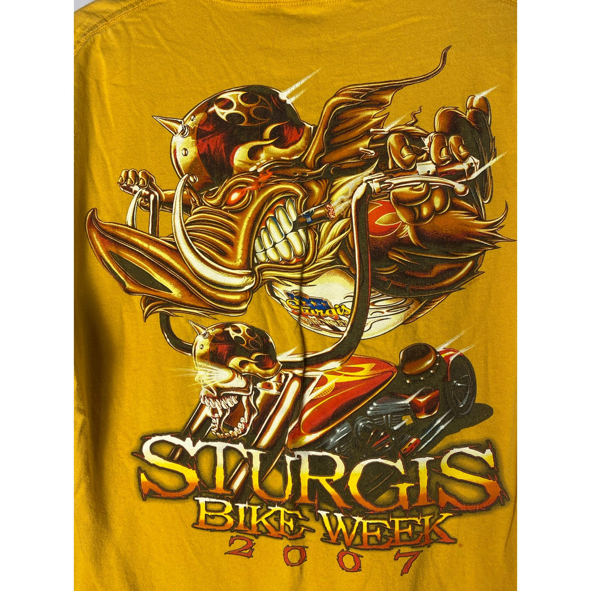 Y2K Sturgis Bike Week 2007 Graphic Print Yellow Crewneck Shirt Men's Size XL