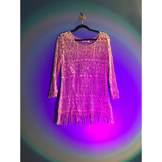 Y2k Cato Beige Crochet top 10 Long Sleeve Shirt Fringed Hem Women's Size Medium