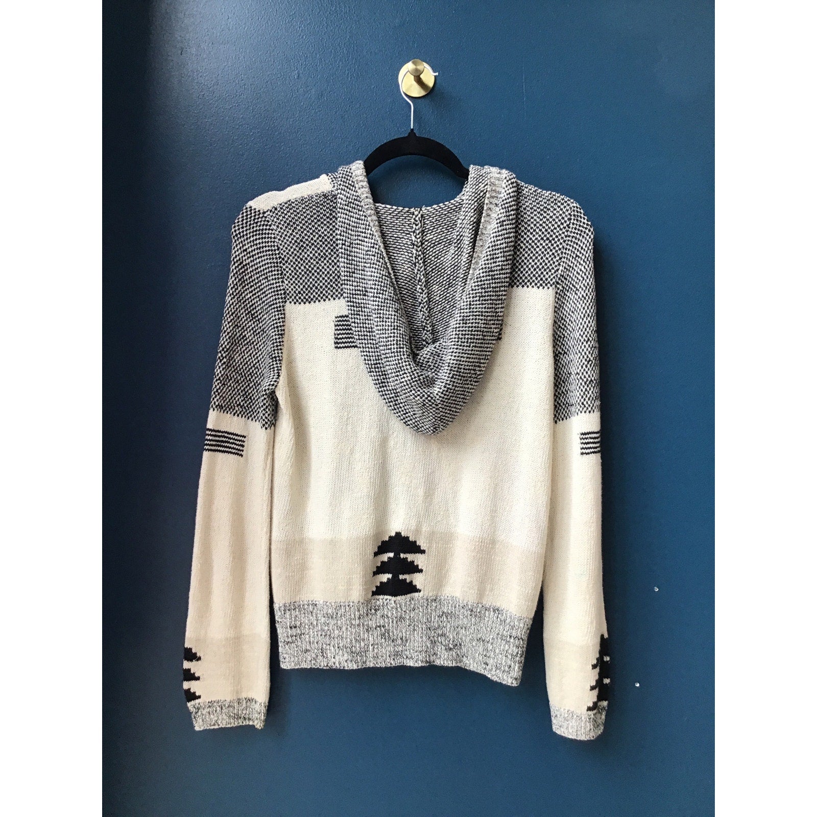 Anthropologie Sparrow Cardigan Hood Sweater Full Zip Black Cream Knit Medium
