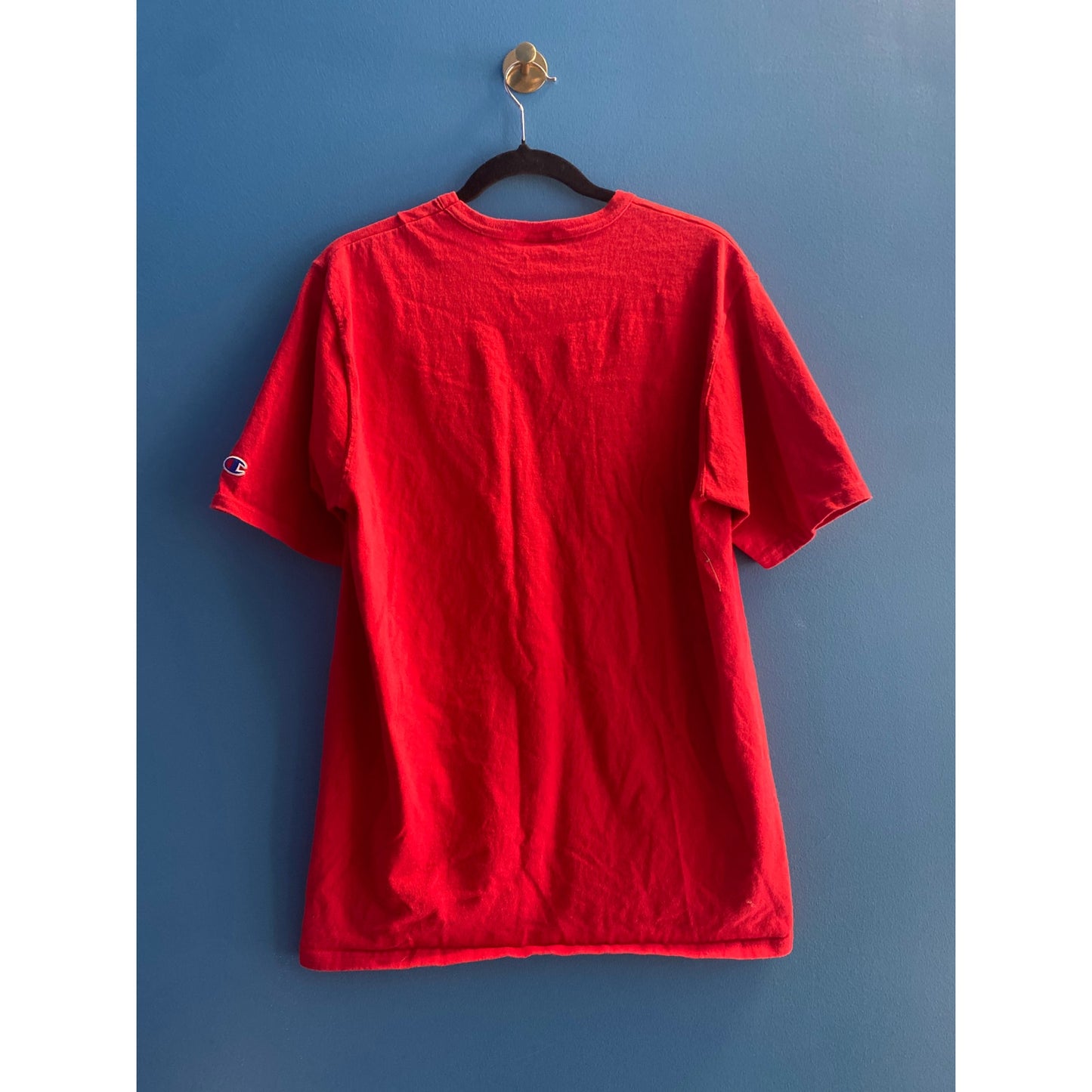 Y2K Champion Crew Neck Logo Print Short Sleeve Red Shirt Men's Size Large