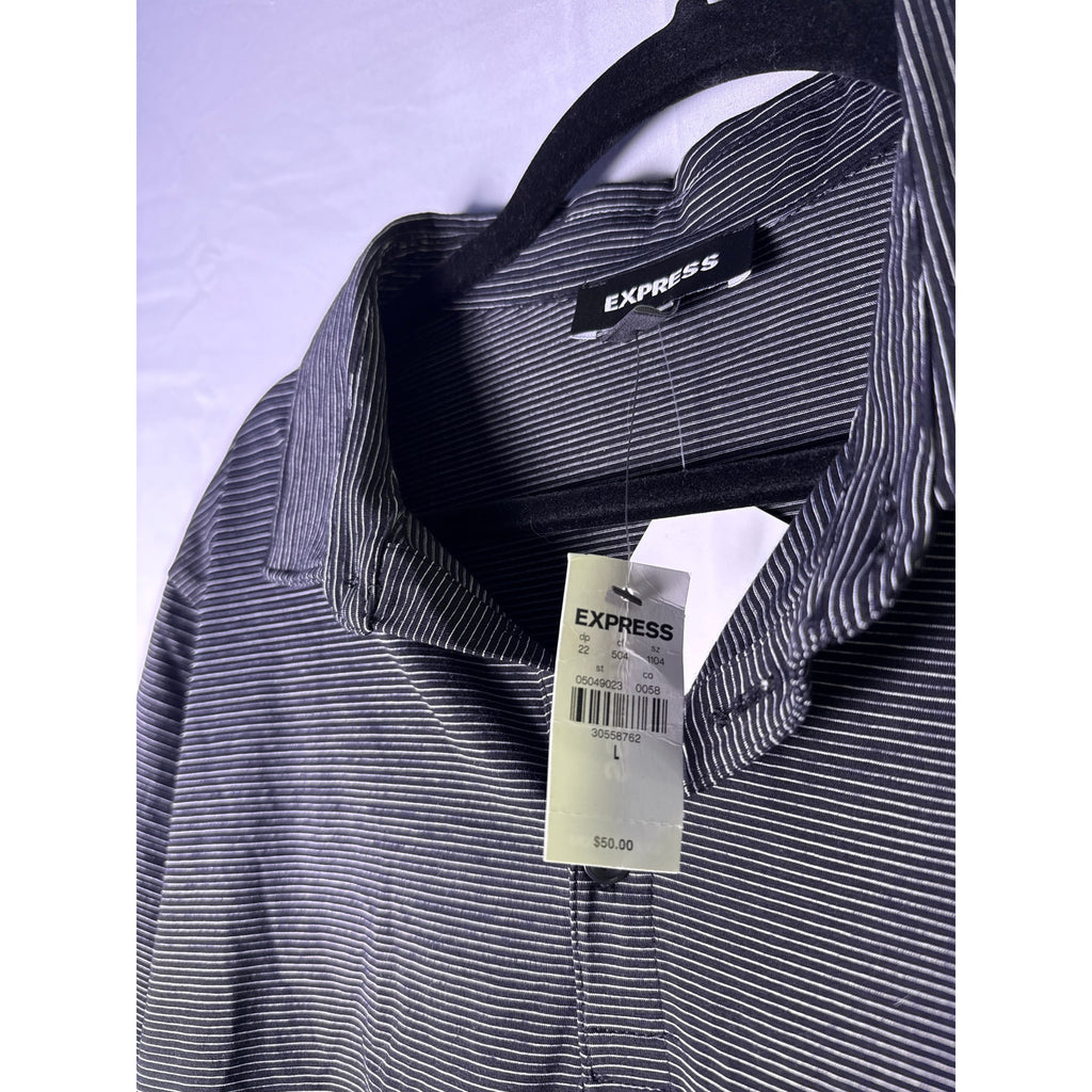 Express Black Micro Striped Polo Shirt Short Sleeve Quarter Buttons Men's Large